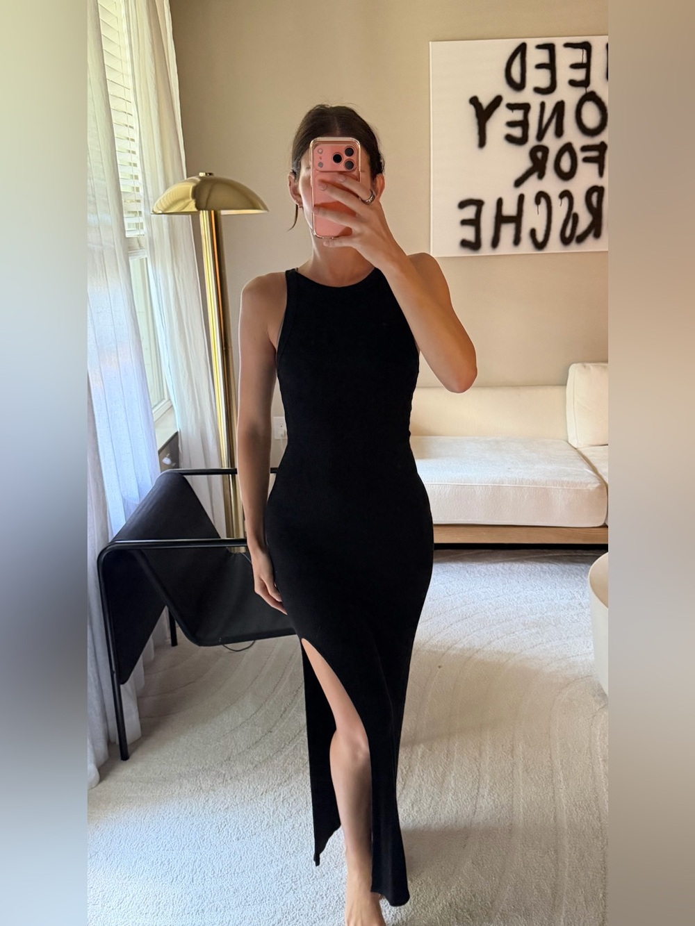 LNA Black Sleeveless High-Neck Maxi Dress with Thigh Slit